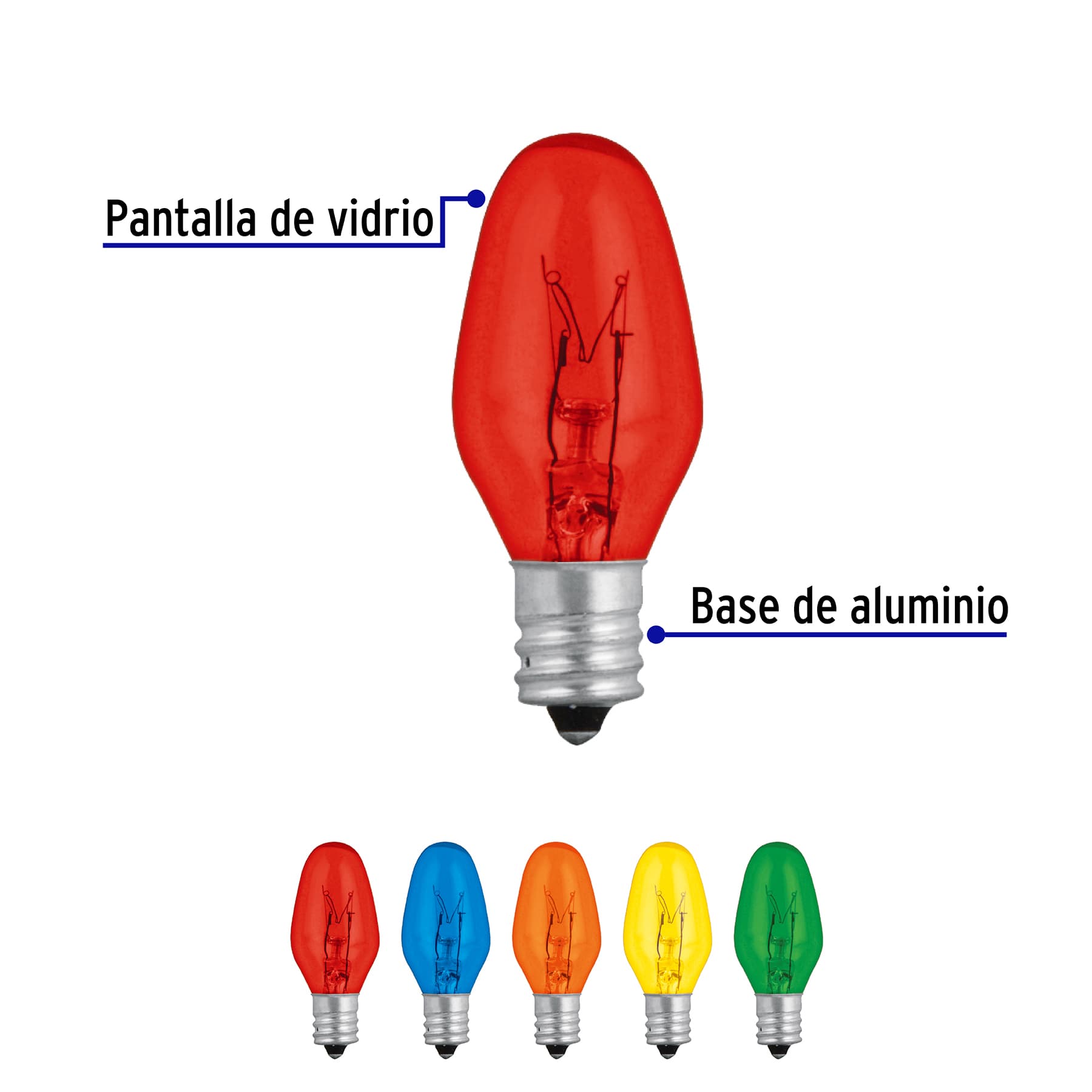 Caja con 50 focos incandescentes de colores base E12 7.5W - 46822 - FI-50C - Caja con 1 Caja – Master 16