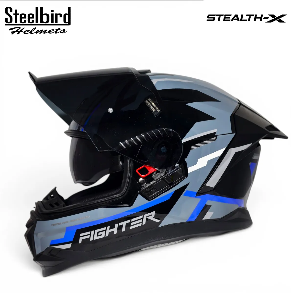 STEELBIRD SBH-57 ISS FIGHTER STEALTH X GLOSSY BLACK/BLUE C/V 580MM WITH EXTRA SMOKE VISOR STEELBIRD SBH-57 ISS FIGHTER STEALTH X GLOSSY BLACK/BLUE C/V 580MM WITH EXTRA SMOKE VISOR