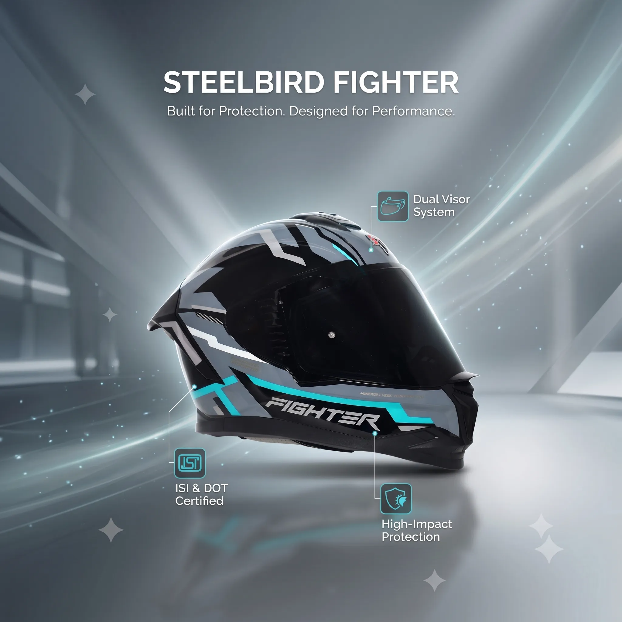 STEELBIRD SBH-57 ISS FIGHTER STEALTH X GLOSSY BLACK/JAZZ BLUE C/V 620MM WITH EXTRA SMOKE VISOR STEELBIRD SBH-57 ISS FIGHTER STEALTH X GLOSSY BLACK/JAZZ BLUE C/V 620MM WITH EXTRA SMOKE VISOR
