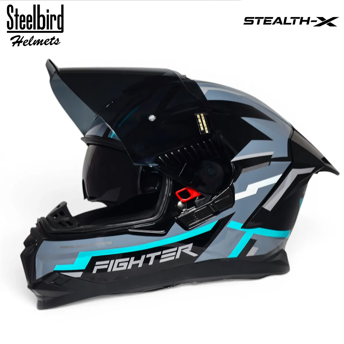 STEELBIRD SBH-57 ISS FIGHTER STEALTH X GLOSSY BLACK/JAZZ BLUE C/V 580MM WITH EXTRA SMOKE VISOR STEELBIRD SBH-57 ISS FIGHTER STEALTH X GLOSSY BLACK/JAZZ BLUE C/V 580MM WITH EXTRA SMOKE VISOR