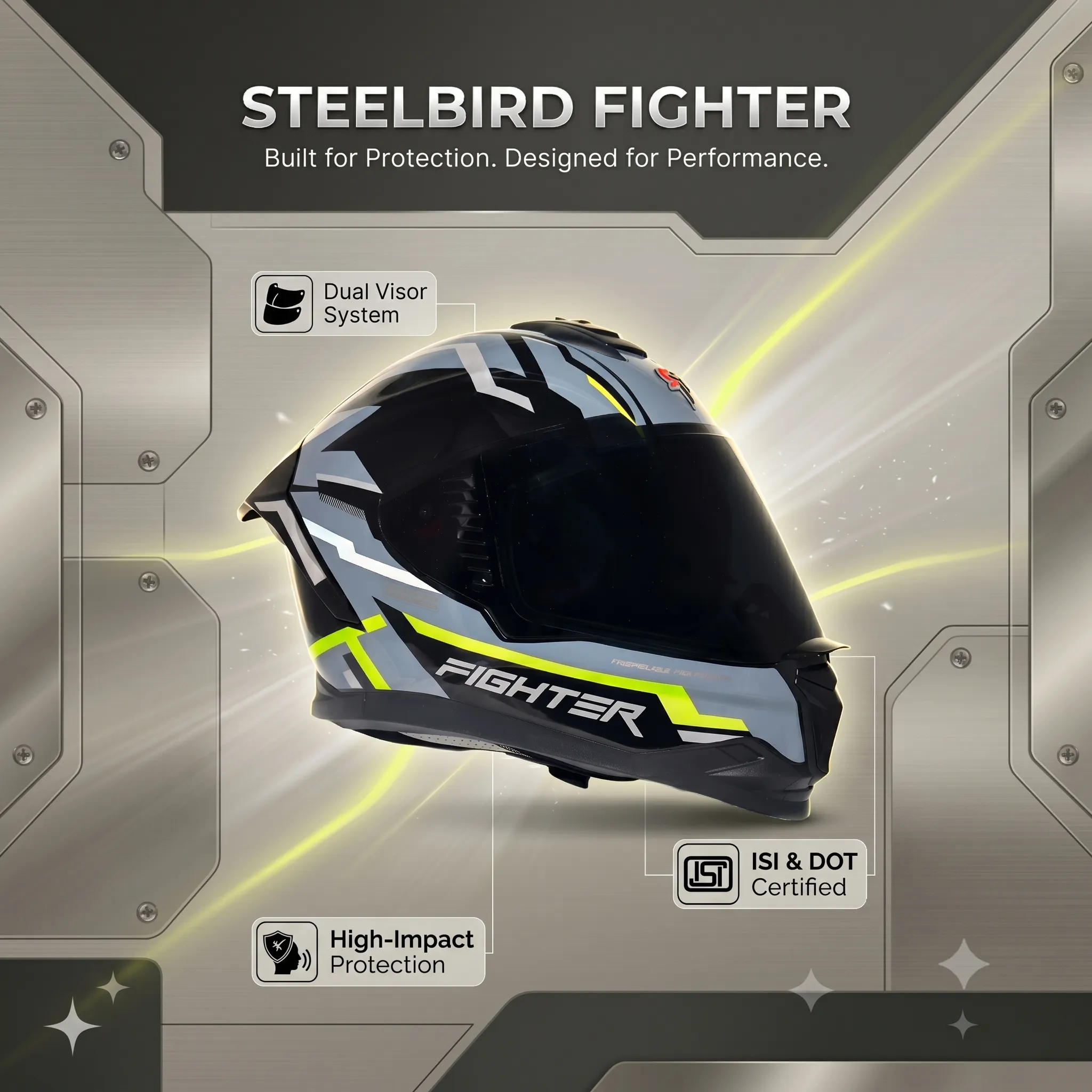 STEELBIRD SBH-57 ISS FIGHTER STEALTH X GLOSSY BLACK/NEON C/V 600MM WITH EXTRA SMOKE VISOR STEELBIRD SBH-57 ISS FIGHTER STEALTH X GLOSSY BLACK/NEON C/V 600MM WITH EXTRA SMOKE VISOR