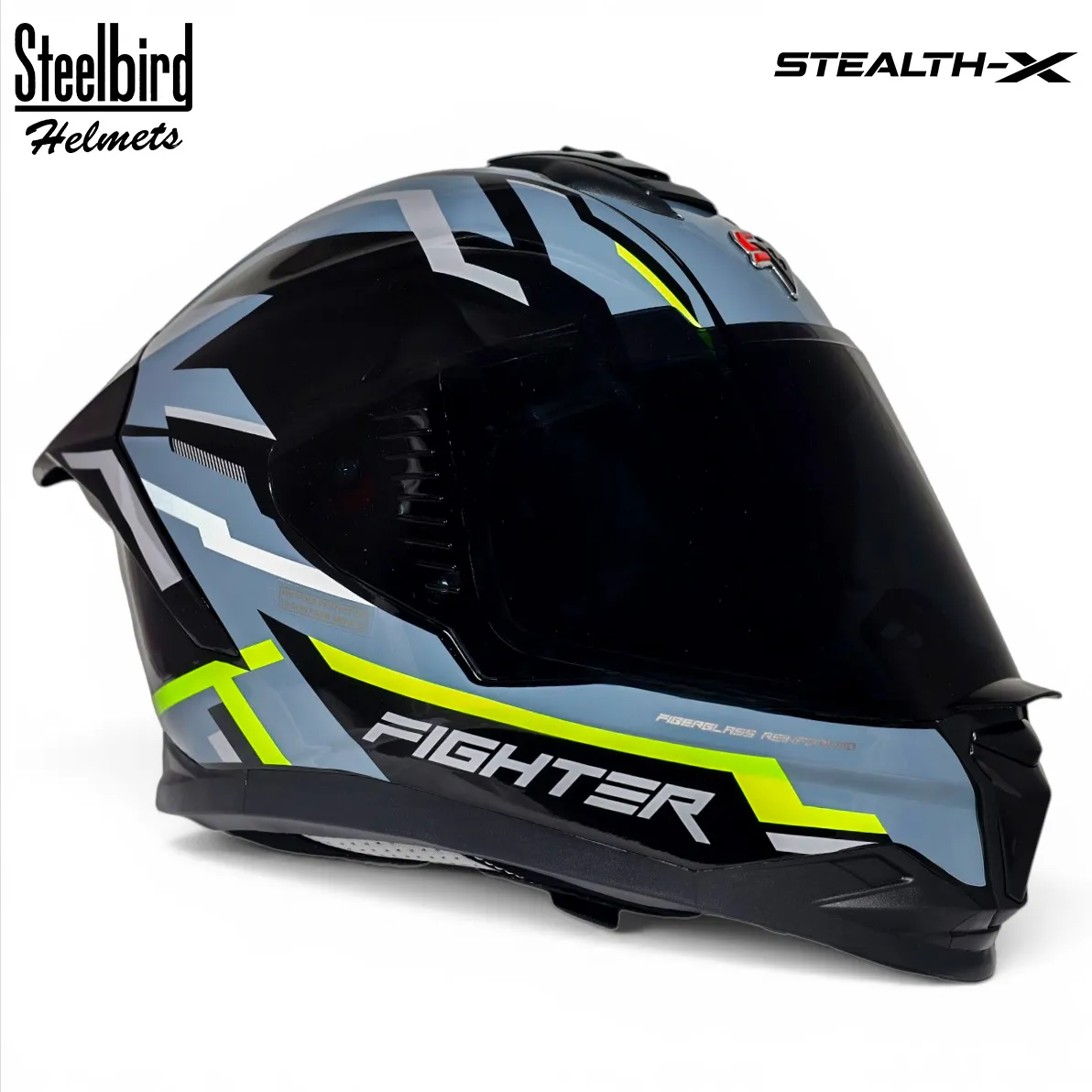 STEELBIRD SBH-57 ISS FIGHTER STEALTH X GLOSSY BLACK/NEON C/V 600MM WITH EXTRA SMOKE VISOR STEELBIRD SBH-57 ISS FIGHTER STEALTH X GLOSSY BLACK/NEON C/V 600MM WITH EXTRA SMOKE VISOR