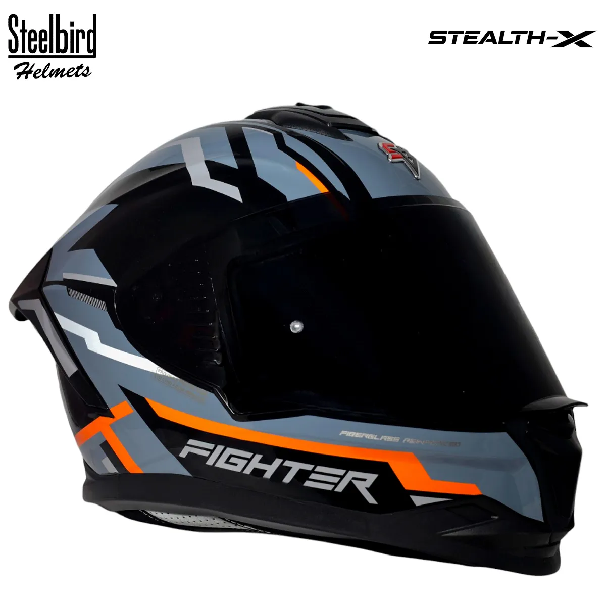 STEELBIRD SBH-57 ISS FIGHTER STEALTH X GLOSSY BLACK/ORANGE C/V 620MM WITH EXTRA SMOKE VISOR STEELBIRD SBH-57 ISS FIGHTER STEALTH X GLOSSY BLACK/ORANGE C/V 620MM WITH EXTRA SMOKE VISOR