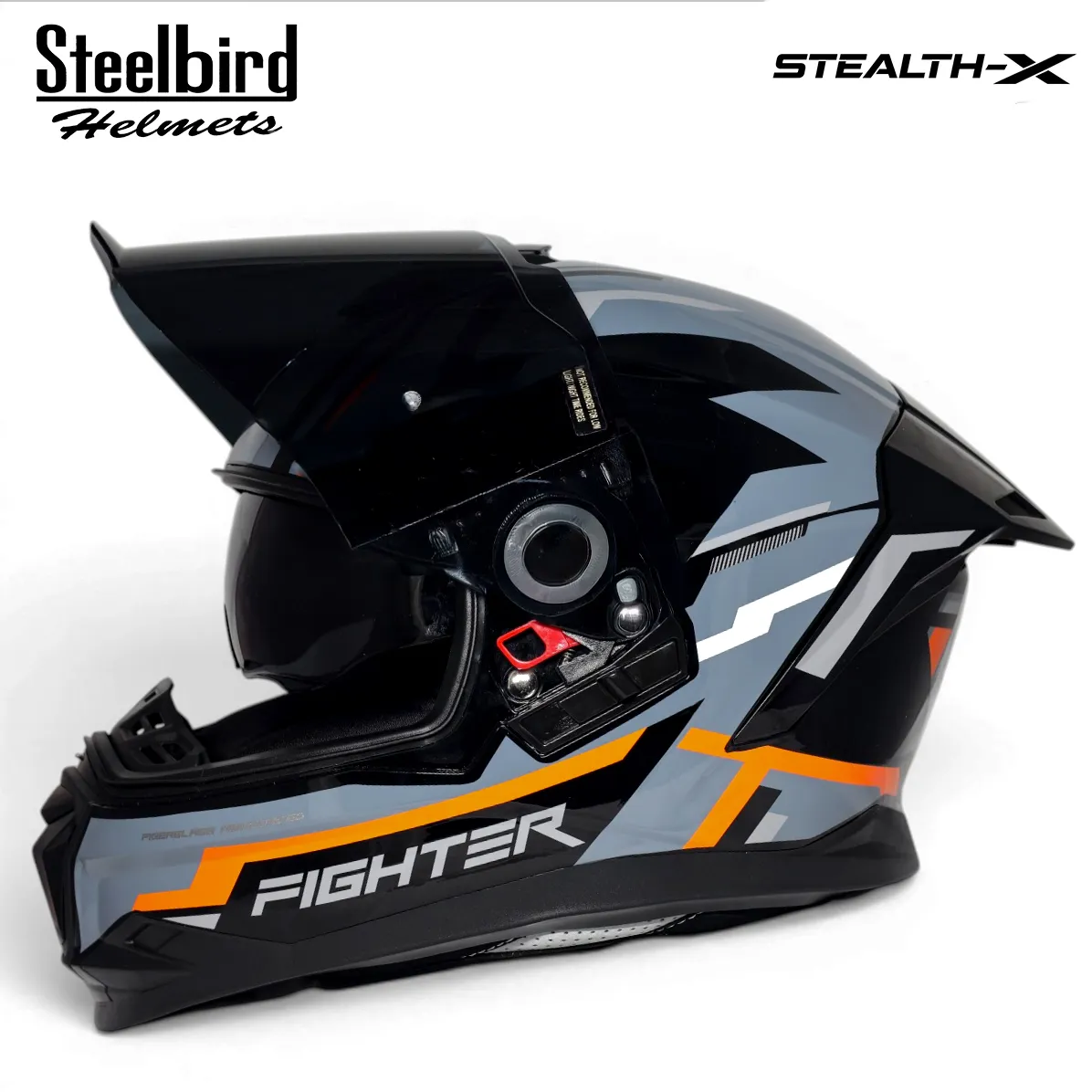 STEELBIRD SBH-57 ISS FIGHTER STEALTH X GLOSSY BLACK/ORANGE C/V 600MM WITH EXTRA SMOKE VISOR STEELBIRD SBH-57 ISS FIGHTER STEALTH X GLOSSY BLACK/ORANGE C/V 600MM WITH EXTRA SMOKE VISOR