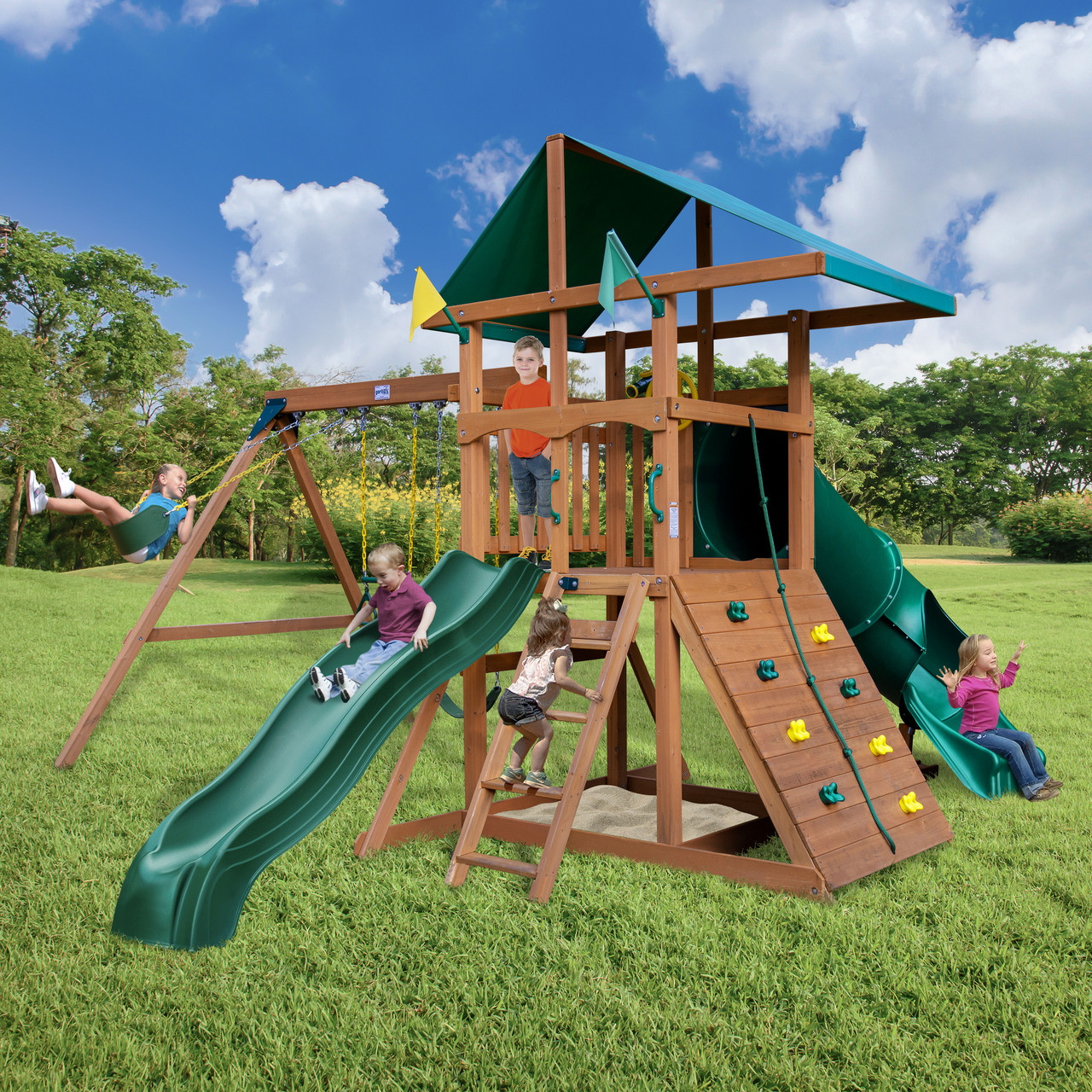 Outing Swing Set w/ Tube Slide w/ Deluxe Green Vinyl Canopy