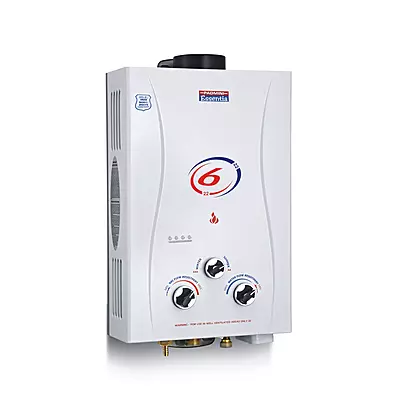 The sleek and modern Padmini Instant Gas Water Heater "Flora" mounted on a bathroom wall.
