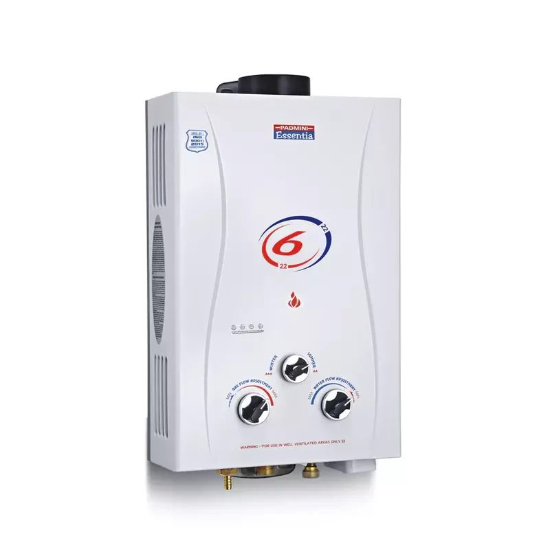 The sleek and modern Padmini Instant Gas Water Heater "Flora" mounted on a bathroom wall. The sleek and modern Padmini Instant Gas Water Heater "Flora" mounted on a bathroom wall.