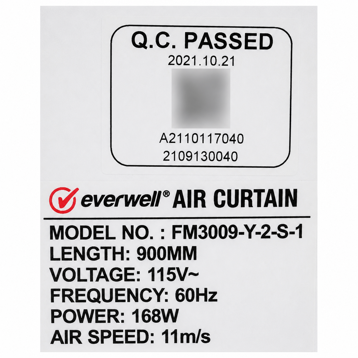 Cortina de Aire, EVERWELL, 115V, 36" Reforz - FM3009-Y-2-S-1, 35 x 9 x 7,2 pulgadas, 900 x 221 x 183 mm, 12.7 kg - FM1209N-2Y-S1