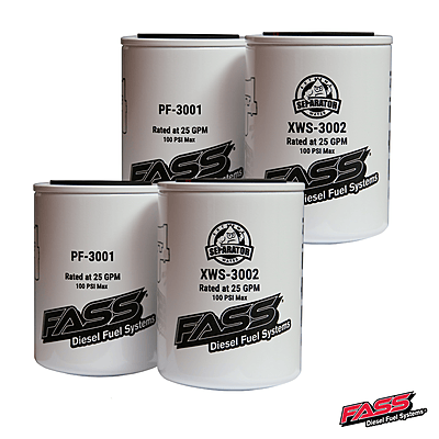 FASS filter pack showing two PF3001 filters and two XWS3002 water separators with FASS logo FASS filter pack showing two PF3001 filters and two XWS3002 water separators with FASS logo