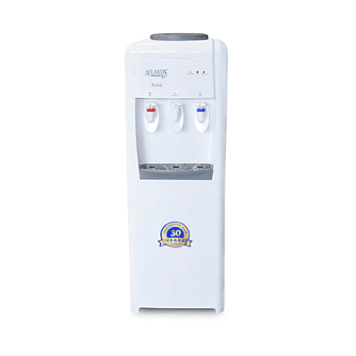 Front view of Atlantis Frosty Plus 3-tap water dispenser showing hot, cold, and ambient controls.