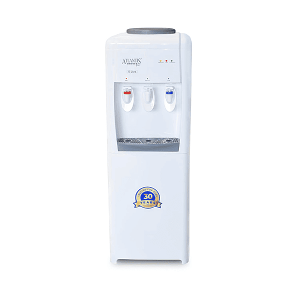 Front view of Atlantis Frosty Plus 3-tap water dispenser showing hot, cold, and ambient controls.