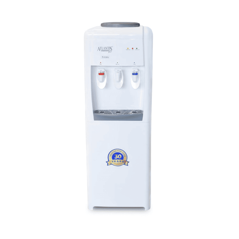 Front view of the Atlantis Frosty Plus energy-saving water cooler with intuitive taps.
