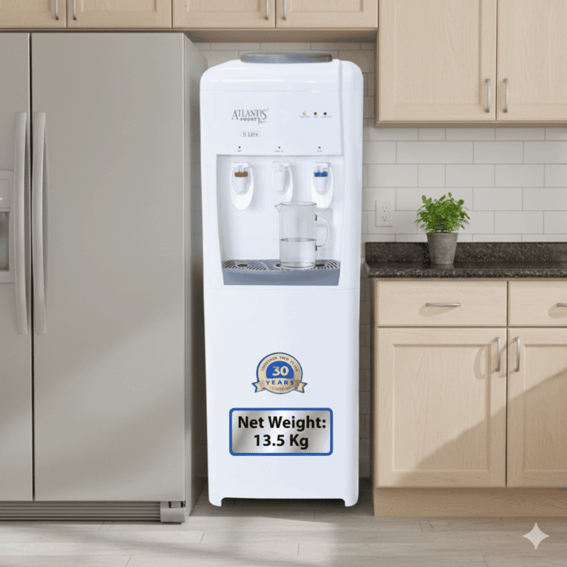 Atlantis Frosty Plus floor standing dispenser showing the integrated storage cabinet at the bottom.