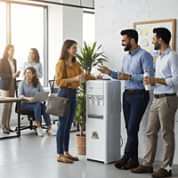 Professional Atlantis Frosty Plus floor standing dispenser in a minimalist corporate lobby.
