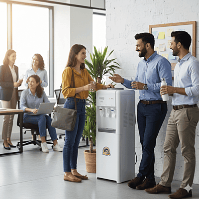 Professional Atlantis Frosty Plus floor standing dispenser in a minimalist corporate lobby.