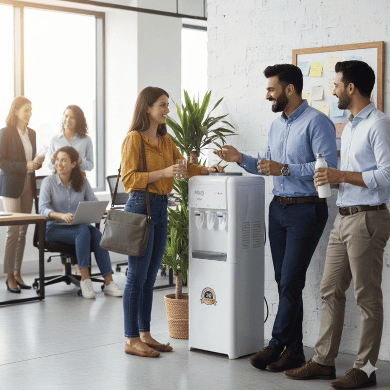 Professional Atlantis Frosty Plus floor standing dispenser in a minimalist corporate lobby.
