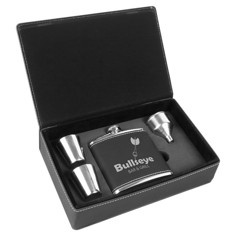 6 oz. Black/Silver Laserable Leatherette Flask Gift Set (4-Piece)