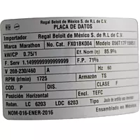 Motor Marathon FLEX-IN-1™, 1HP, 3PH, TEFC LEXXON, modelo comercial FX01BK004, base rígida, 1800 RPM - FX01BK004