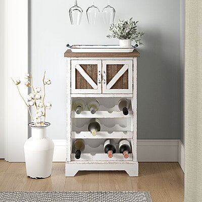 Farmhouse Wine Bar Cabinet with Storage | Rustic White Wood Liquor Rack