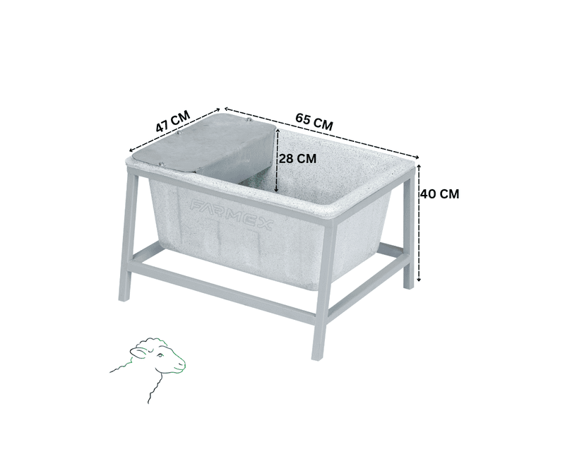 Farmex Drinker Trough 50L with 40cm galvanized steel stand showing dimensions