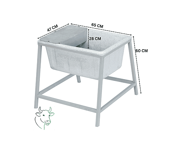Farmex Drinker Trough 50L 60cm Solid Box with galvanized steel stand showing dimensions
