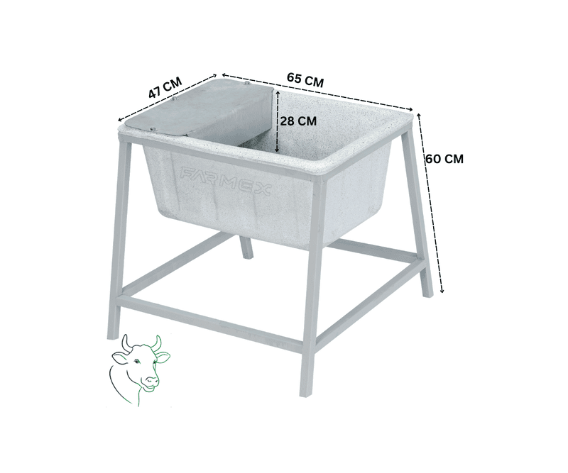 Farmex Drinker Trough 50L 60cm Solid Box with galvanized steel stand showing dimensions