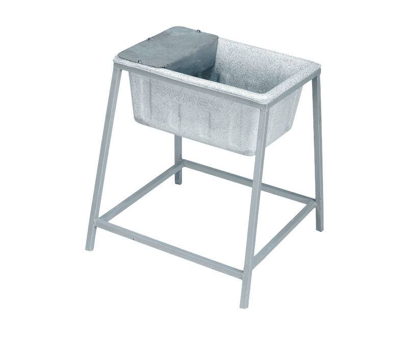 Farmex Drinker Trough 50L 80cm Solid Box with galvanized steel stand showing dimensions - left side