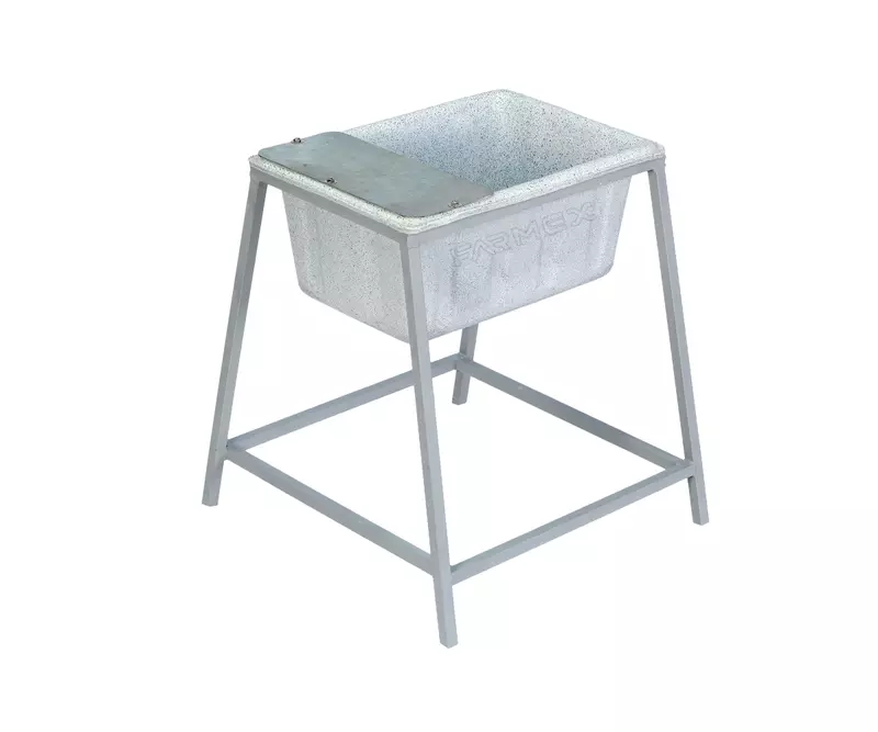 Farmex Drinker Trough 50L 80cm Solid Box with galvanized steel stand showing dimensions - right side