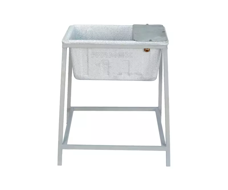 Farmex Drinker Trough 50L 80cm Solid Box with galvanized steel stand showing dimensions - front side