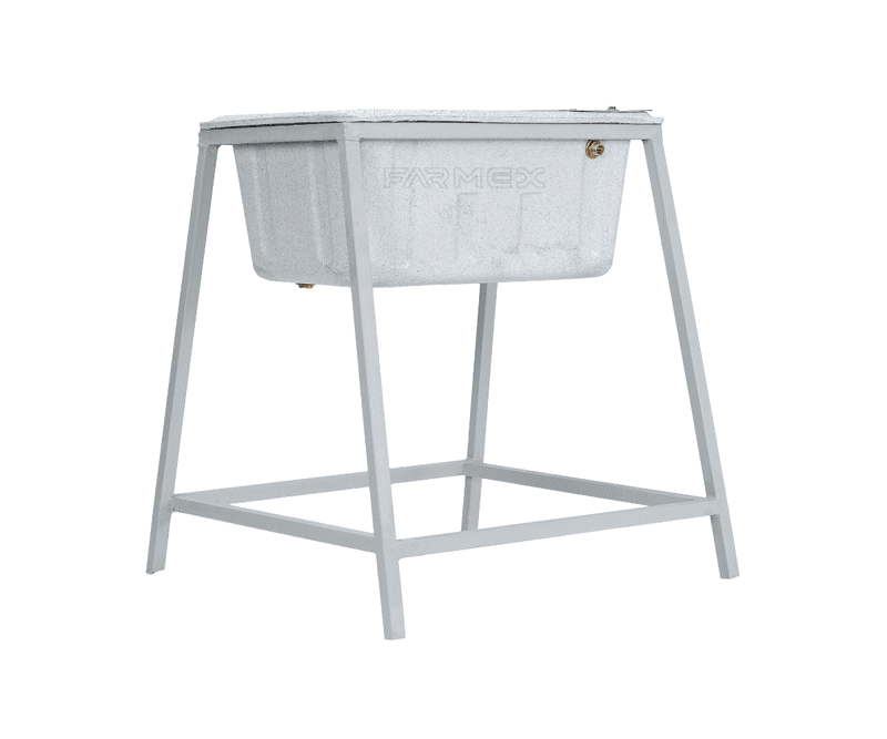 Farmex Drinker Trough 50L 80cm Solid Box with galvanized steel stand showing dimensions - details