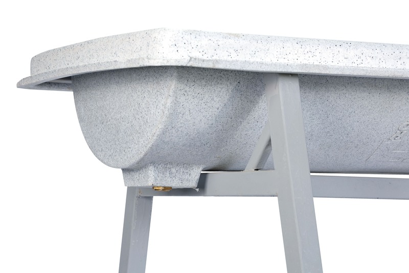 Farmex 100L feeder trough for cattle made from food-grade HDPE with galvanized steel stand deatils