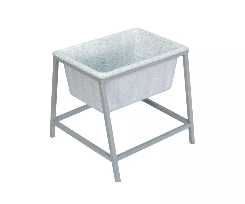 Farmex Feeder Trough 50L 60cm Solid Box with galvanized steel stand showing dimensions - right side
