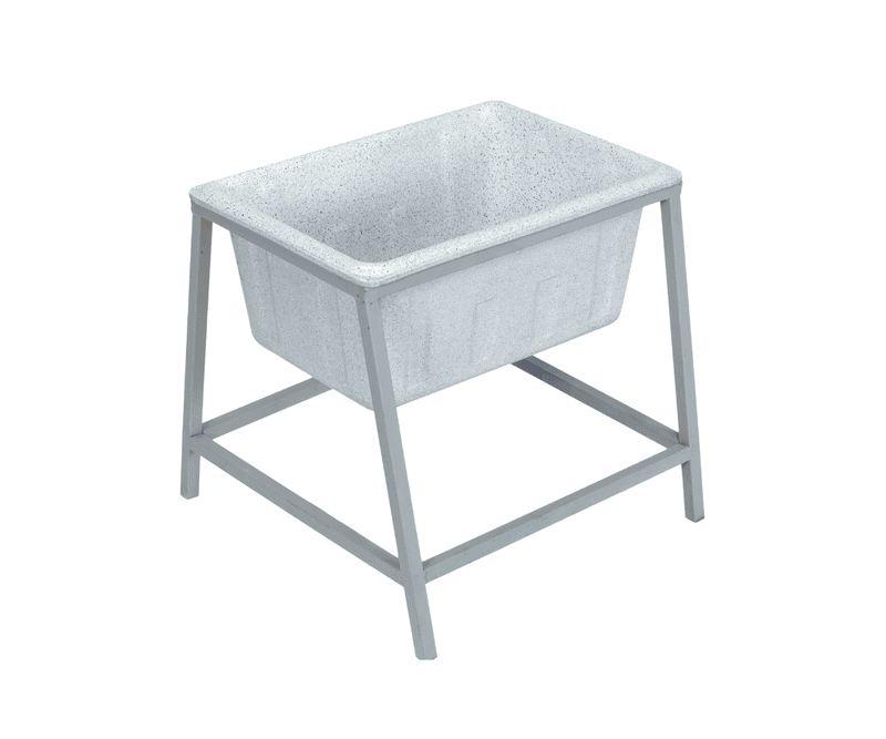 Farmex Feeder Trough 50L 60cm Solid Box with galvanized steel stand showing dimensions - right side