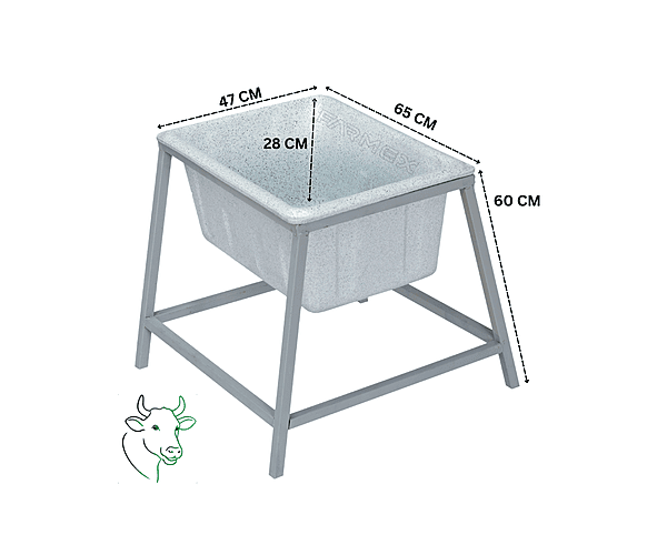 Farmex Feeder Trough 50L 60cm Solid Box with galvanized steel stand showing dimensions