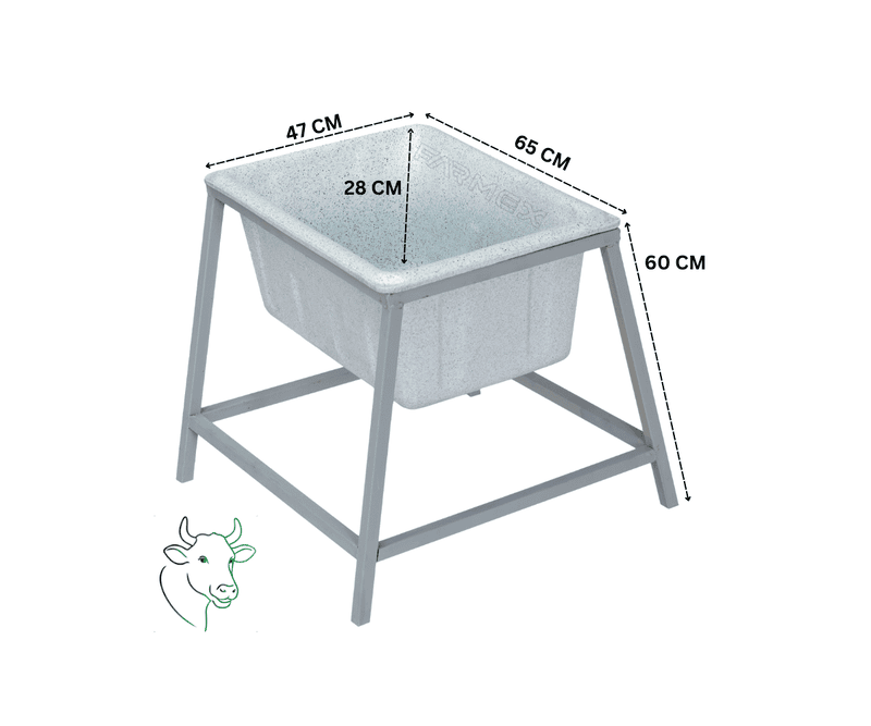 Farmex Feeder Trough 50L 60cm Solid Box with galvanized steel stand showing dimensions