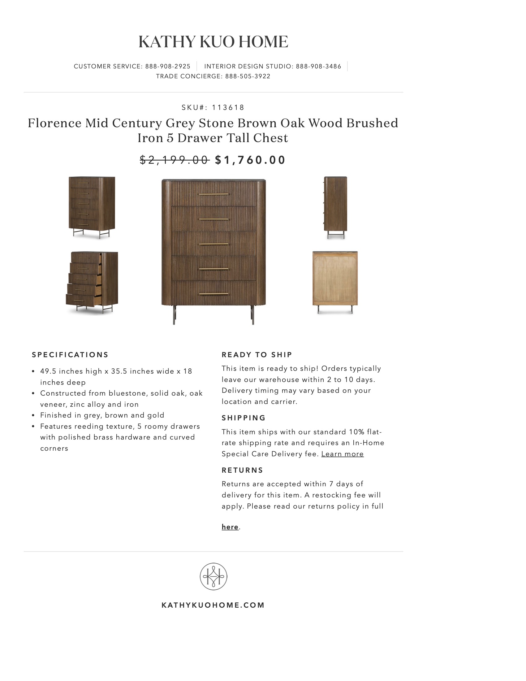 Florence Mid Century Grey Stone Brown Oak Wood Brushed Iron 5 Drawer Tall Chest