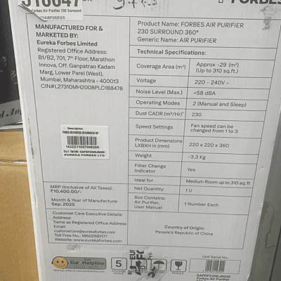 Forbes 230 Surround 360 Air Purifier with True HEPA H13 Filter