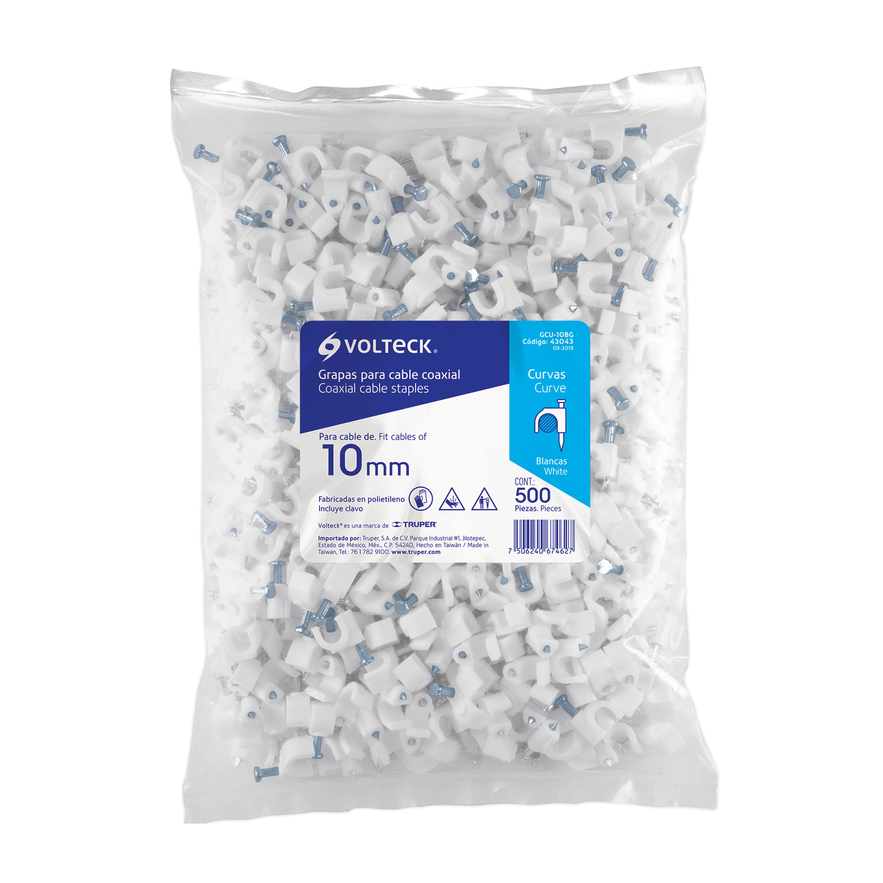 Bolsa con 500 grapas blancas de 10 mm para cable redondo - GCU-10BG / 43043