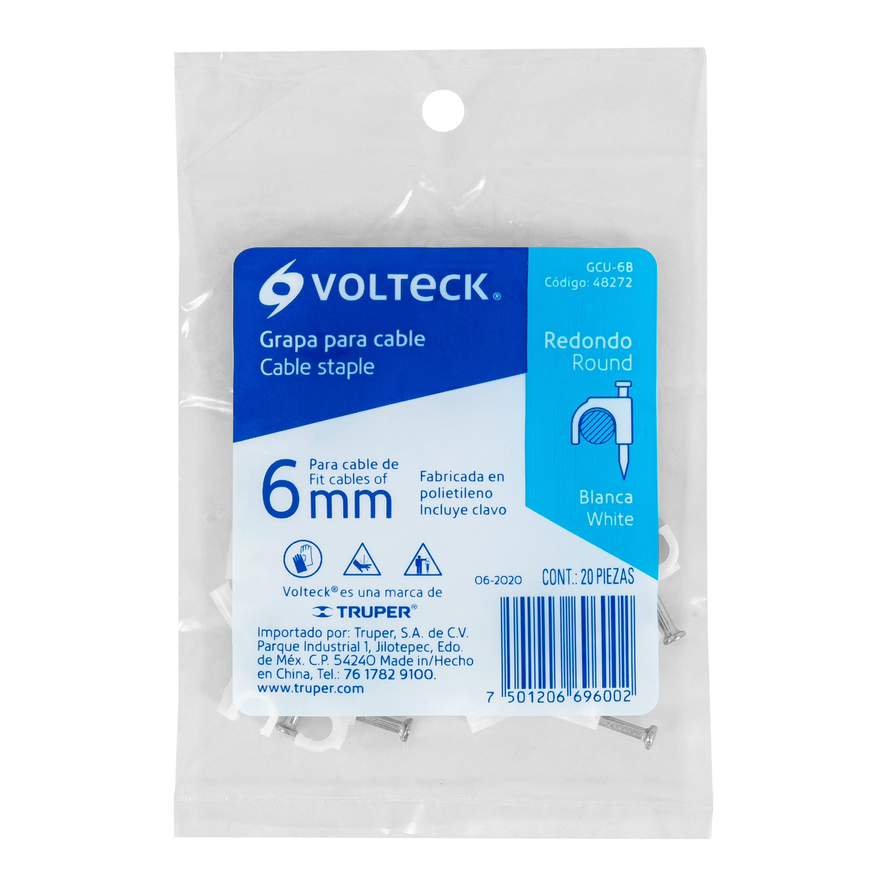 Bolsa con 20 grapas blancas de 6 mm para cable redondo - GCU-6B / 48272