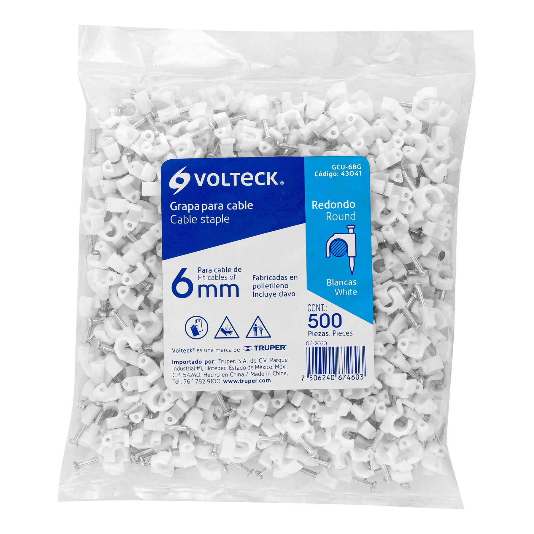 Bolsa con 500 grapas blancas de 6 mm para cable redondo - GCU-6BG / 43041