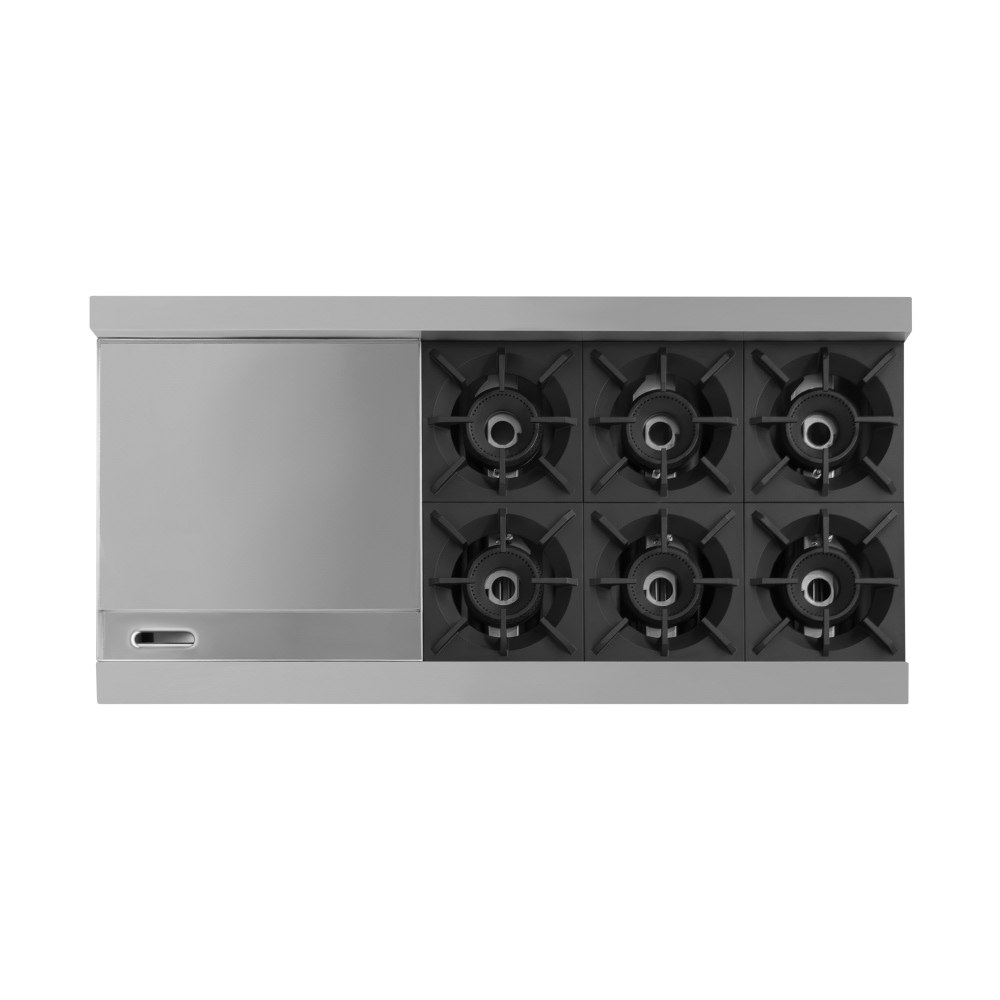 Estufa con 6 quemadores horno plancha de 2 pies y gratinador GES-062-000
