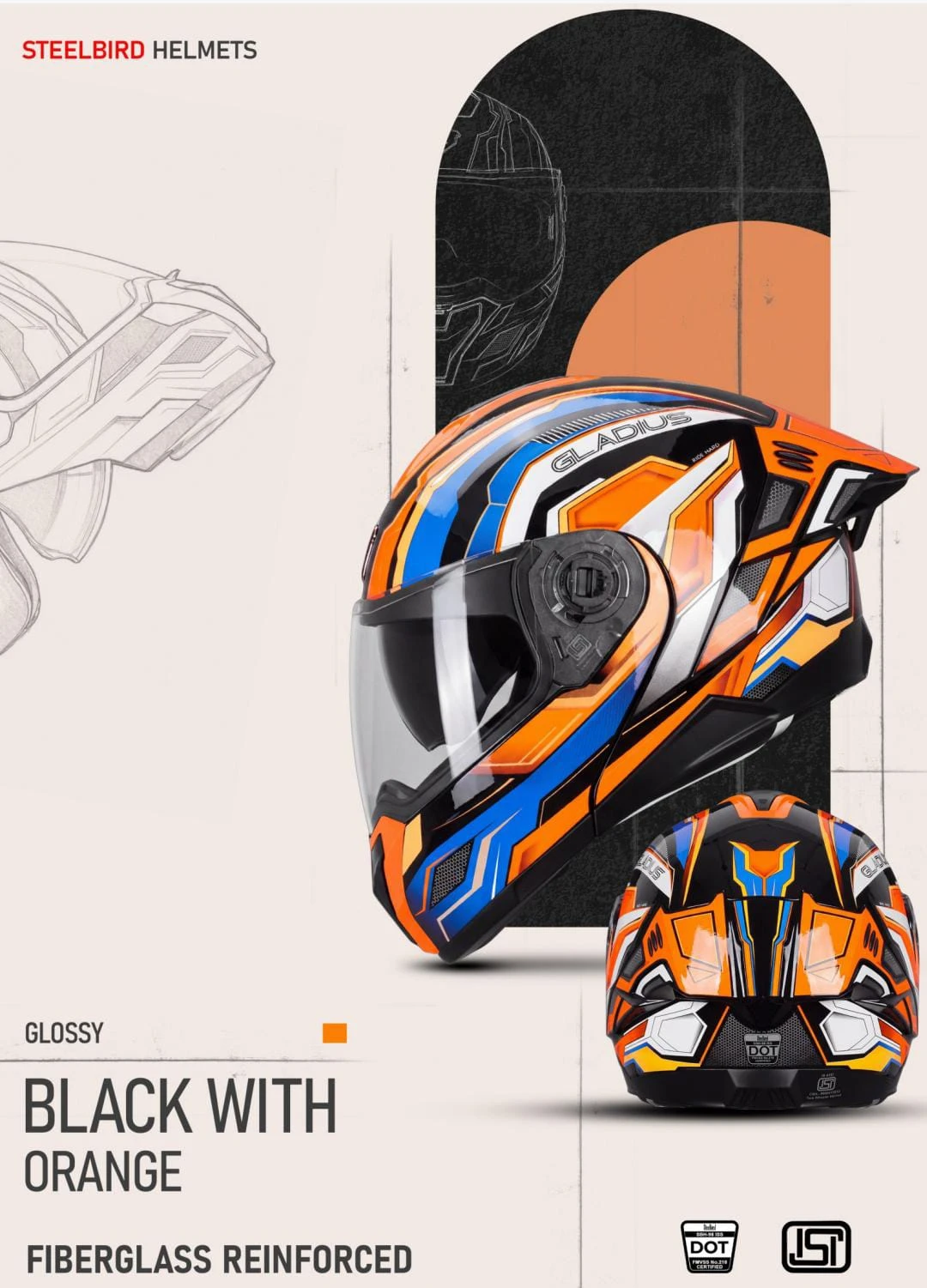STEELBIRD SBH-98 ISS GLADIUS GL-1 GLOSSY BLACK/ORANGE C/V 580MM WITH EXTRA SMOKE VISOR