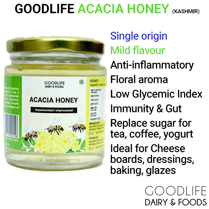 Clear glass jar of premium Acacia honey with a golden hue