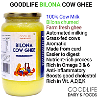 1 Litre Glass Jar of Traditional Cow Bilona Ghee with Goodlife label.
