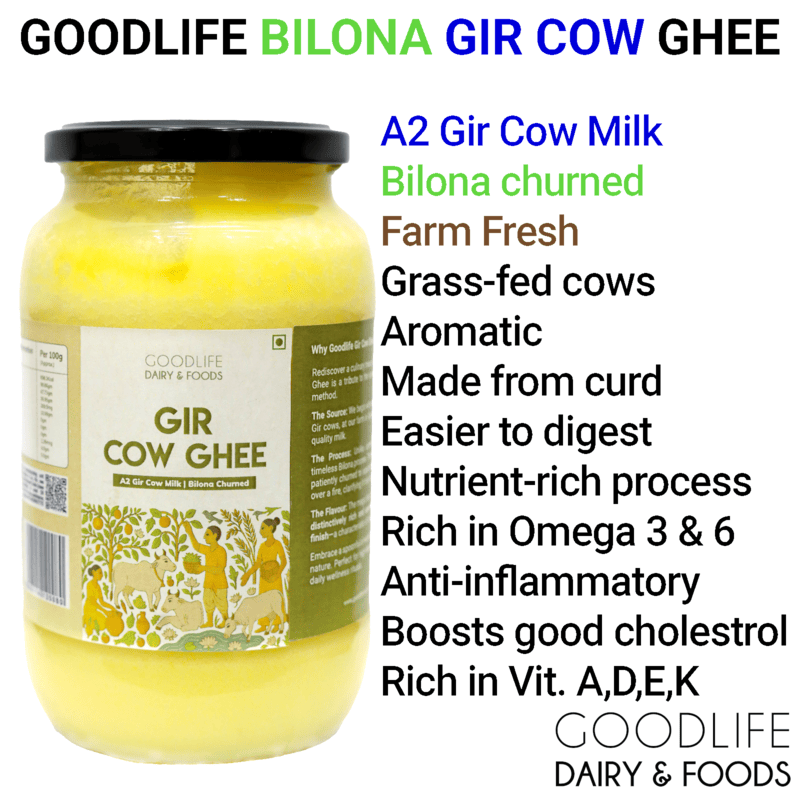 1 Litre Glass Jar of Organic A2 Gir Cow Bilona Ghee with brand label
