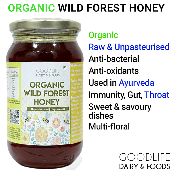 Front view of 500g glass jar of Organic Wildforest Honey with Goodlife brand label.