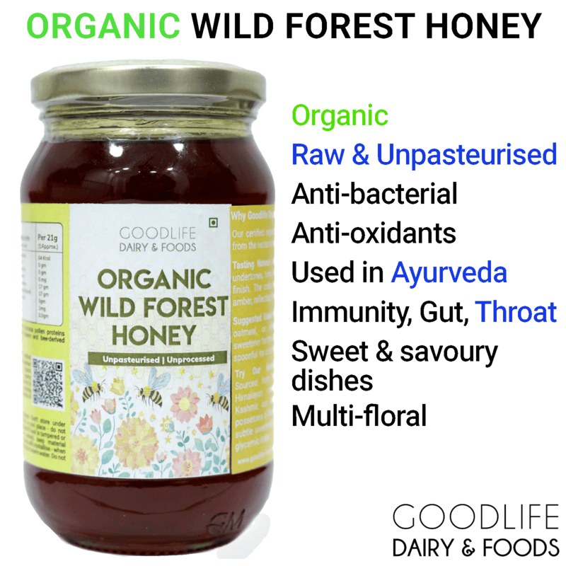Front view of 500g glass jar of Organic Wildforest Honey with Goodlife brand label.