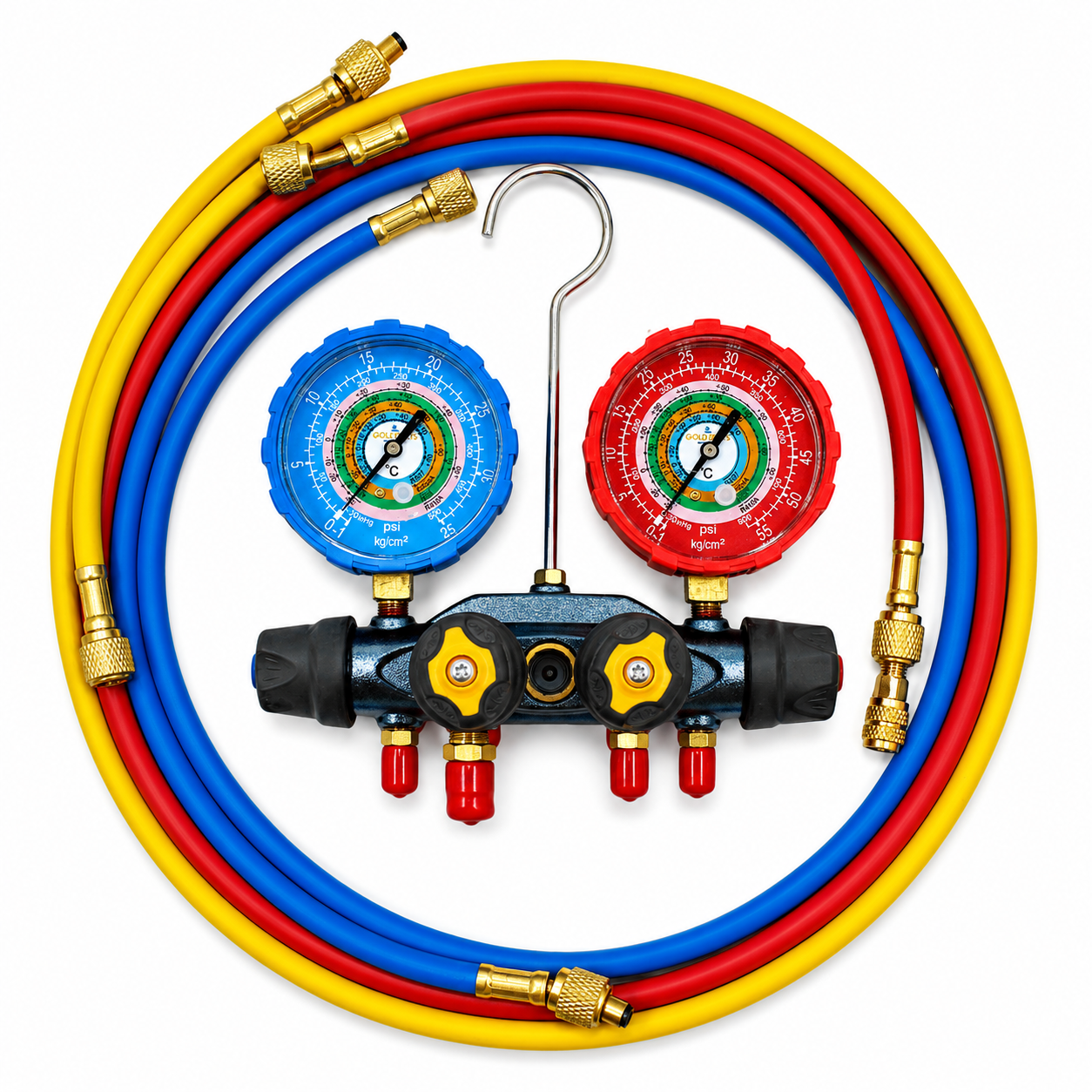 Manifold GP Aluminio R-22, R404, R134, R22, R407 con Adaptador R410, Manguera 60" 4000PSI - GP-MH4V