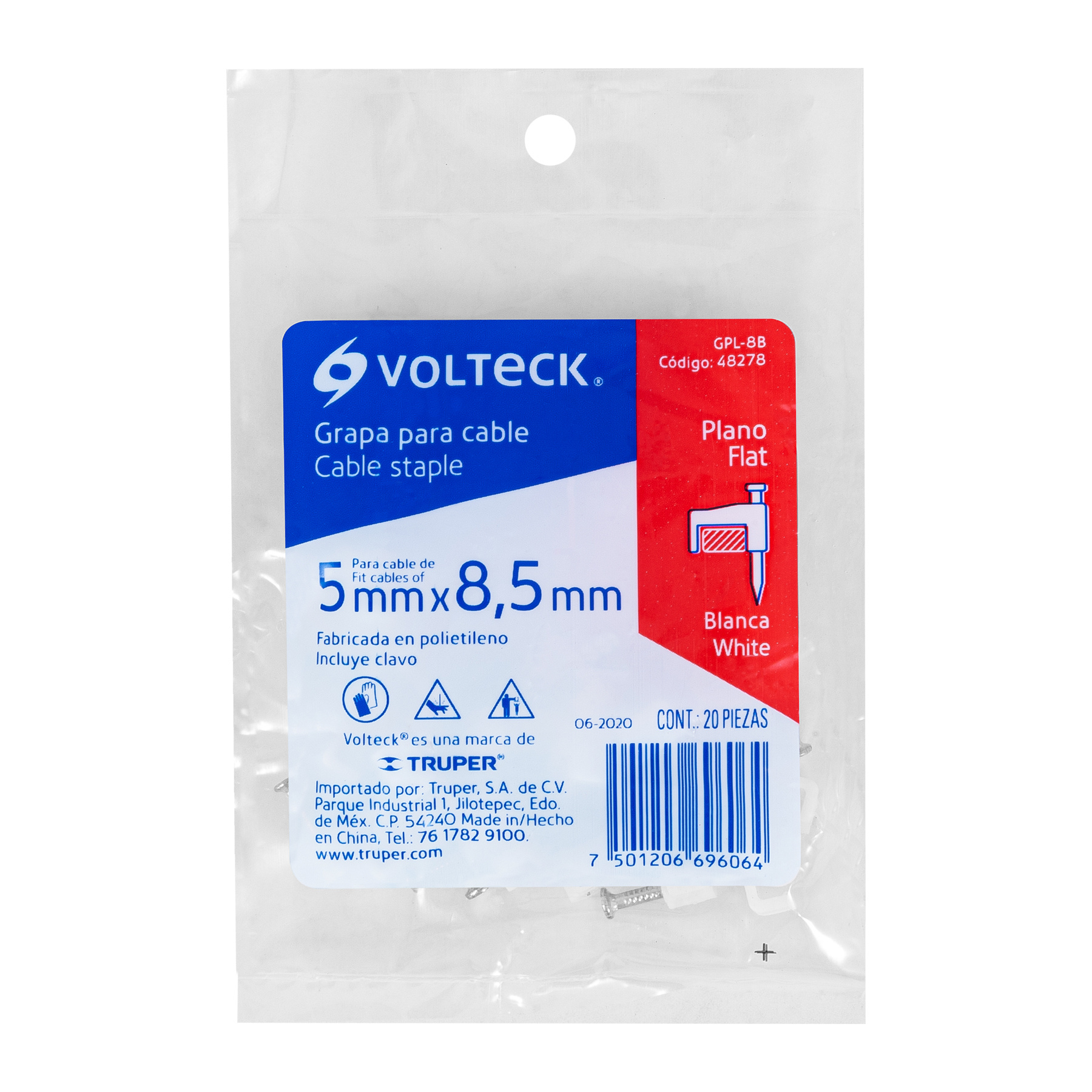 Bolsa con 20 grapas blancas de 5 x 8.5 mm para cable plano - GPL-8B / 48278