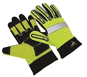 Green hivis, molded TPR fingers, synthetic leather, EVA foam palm padding, slip on stylemec